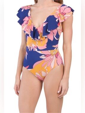 Trina Turk Women’s Navy Blue Floral Ruffle One‑Piece Swimsuit Sz 10